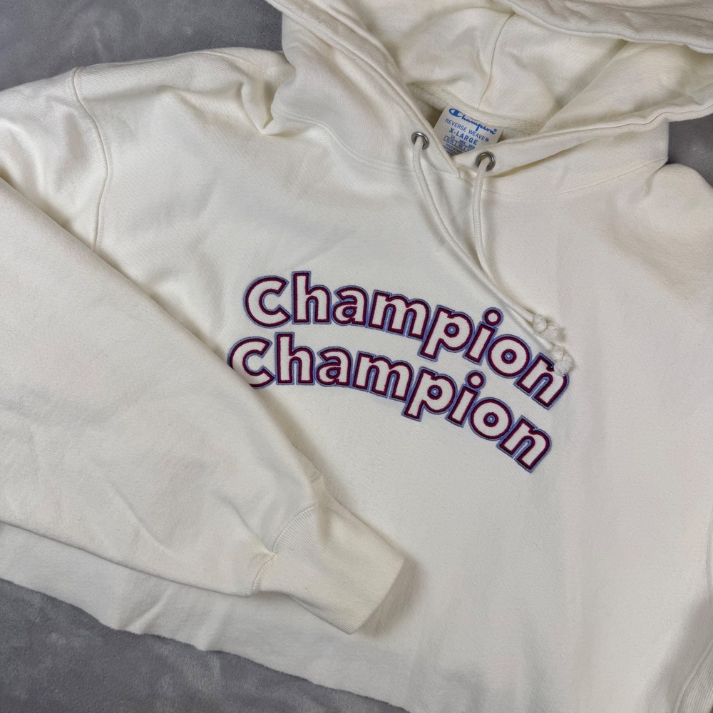 Champion Reverse Weave Cream Cropped Hoodie Sweatshirt XL Double Logo Raw Hem